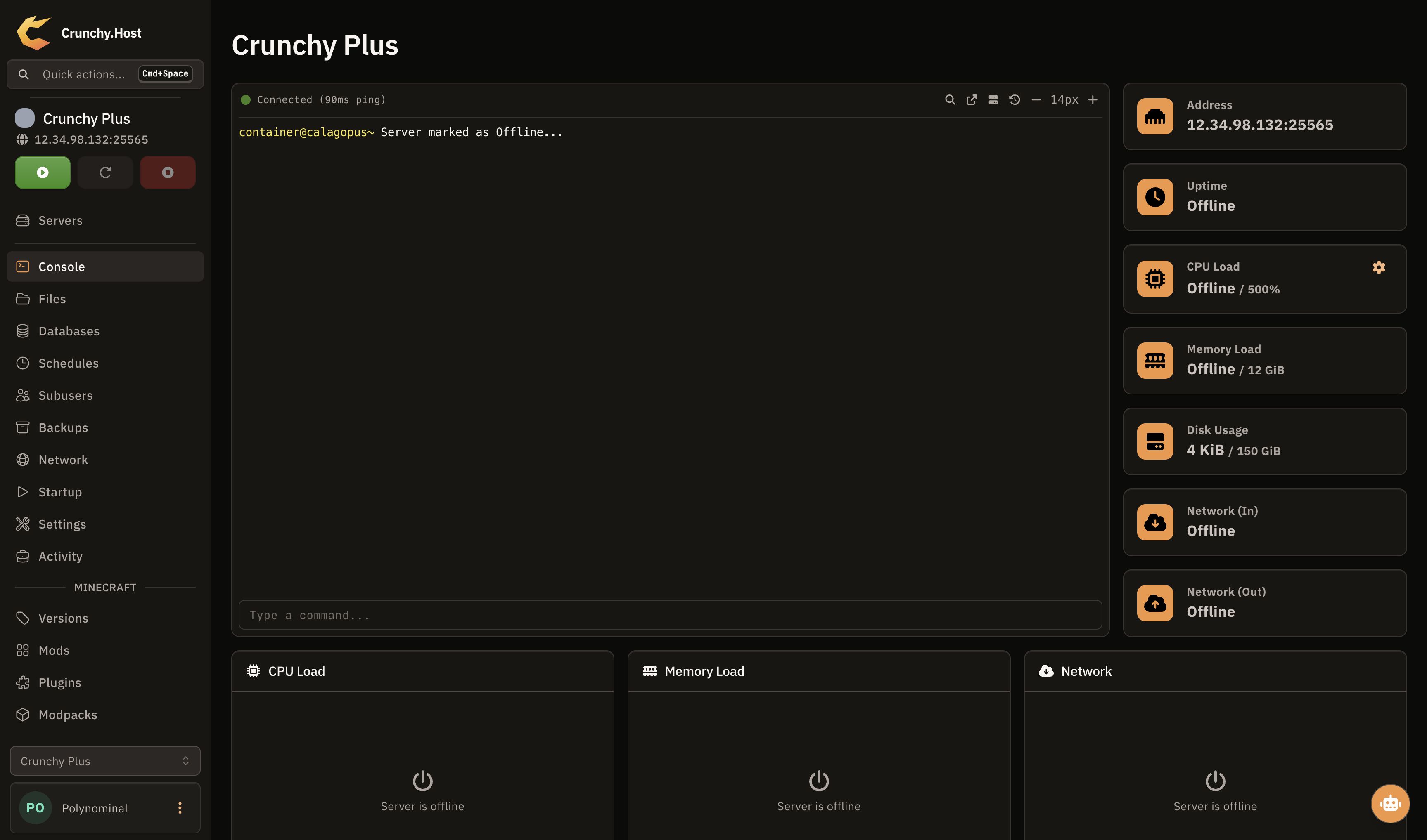 Gamepaneel van Crunchy.Host met de serverconsole van Crunchy Plus en de resourcelimieten